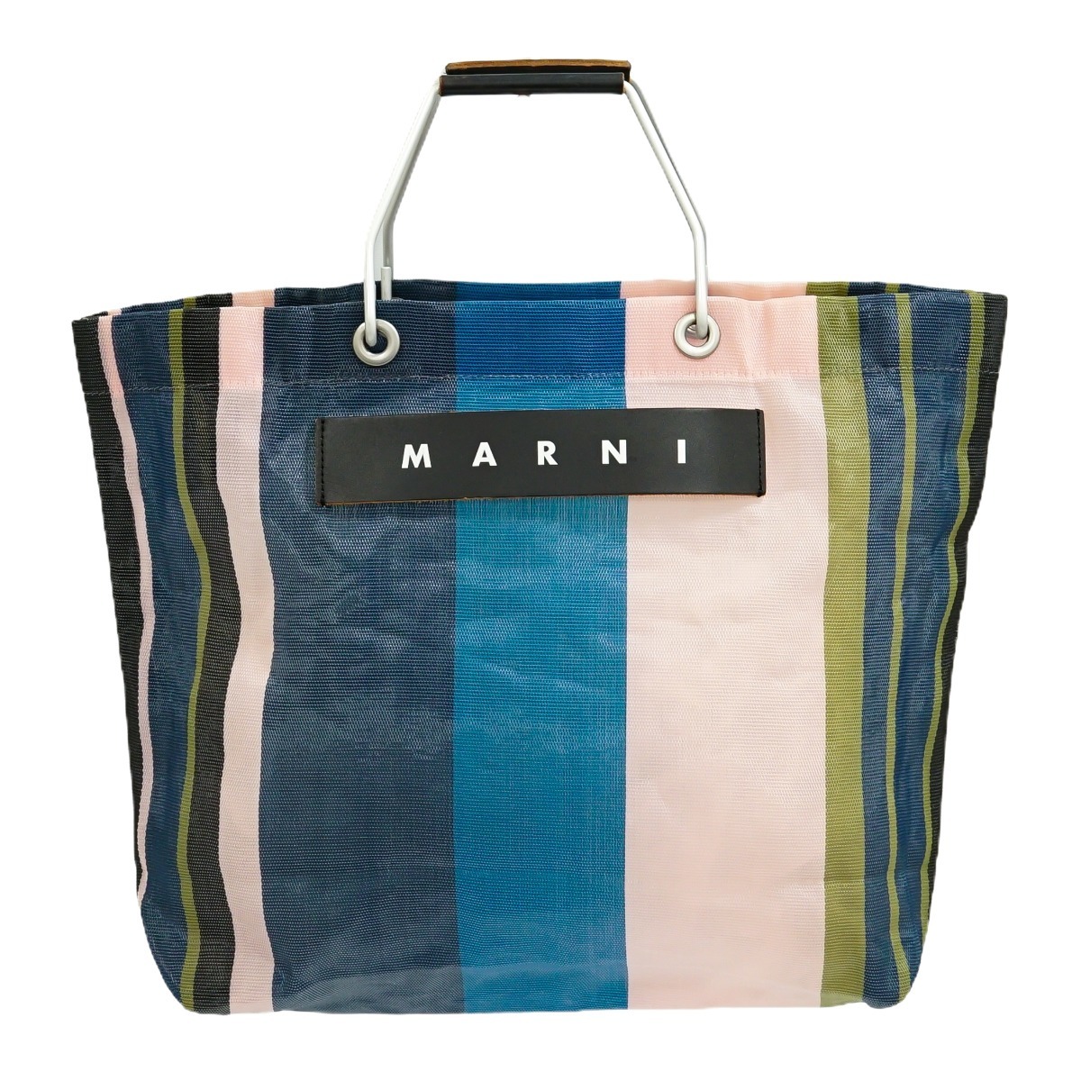 【大注目】 本物 マルニ MARNI ストライプ トートバッグ ハンドバッグ ナイロン ライトピンク ブルー かばん、バッグ