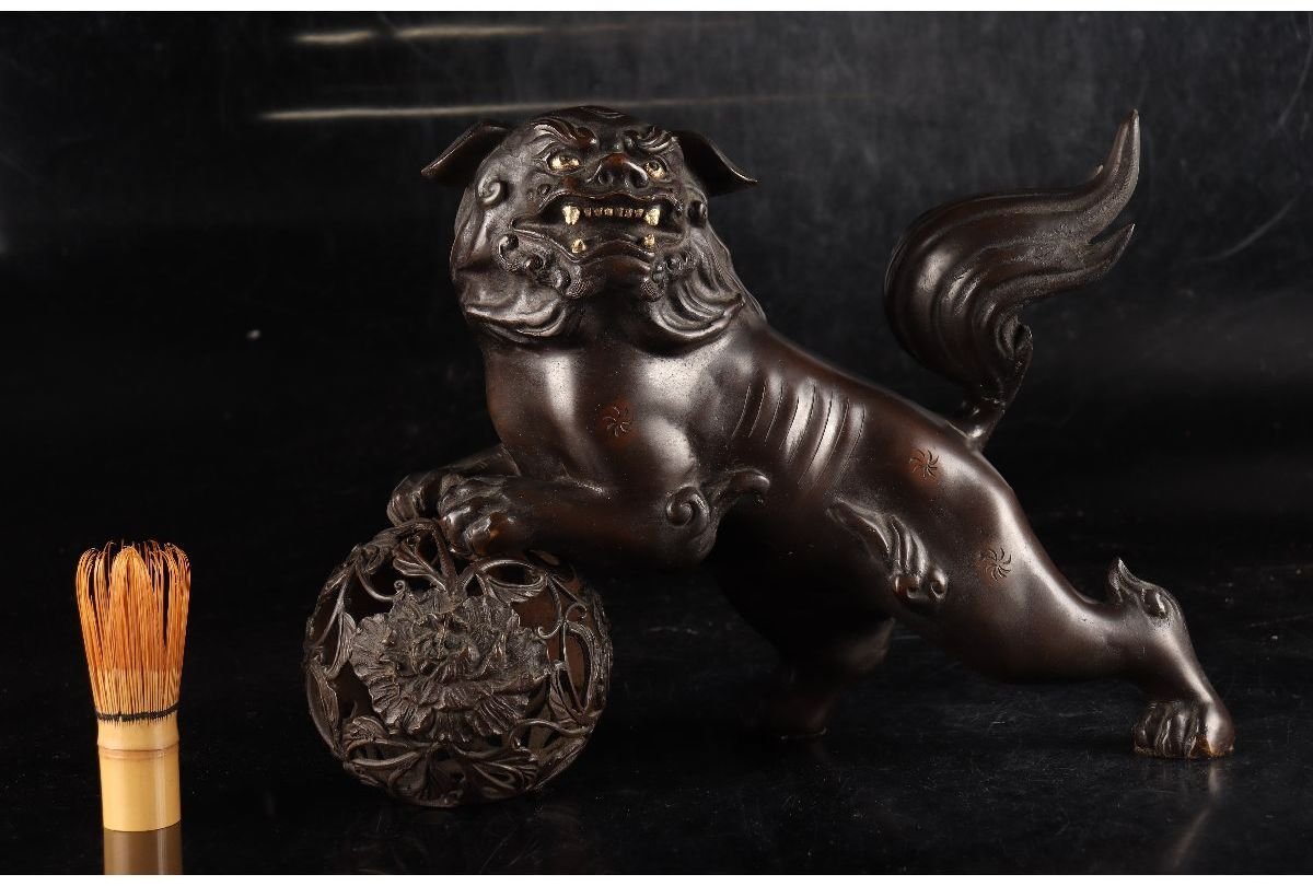 獅子 玉 銅製 象嵌 彫刻 置物 箱付 開運 風水 骨董 古美術