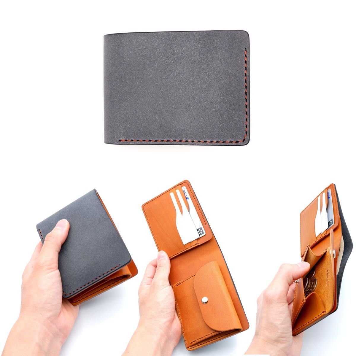 二つ折り財布　ブラック(ブライドルレザー)×キャメル　本ヌメ革