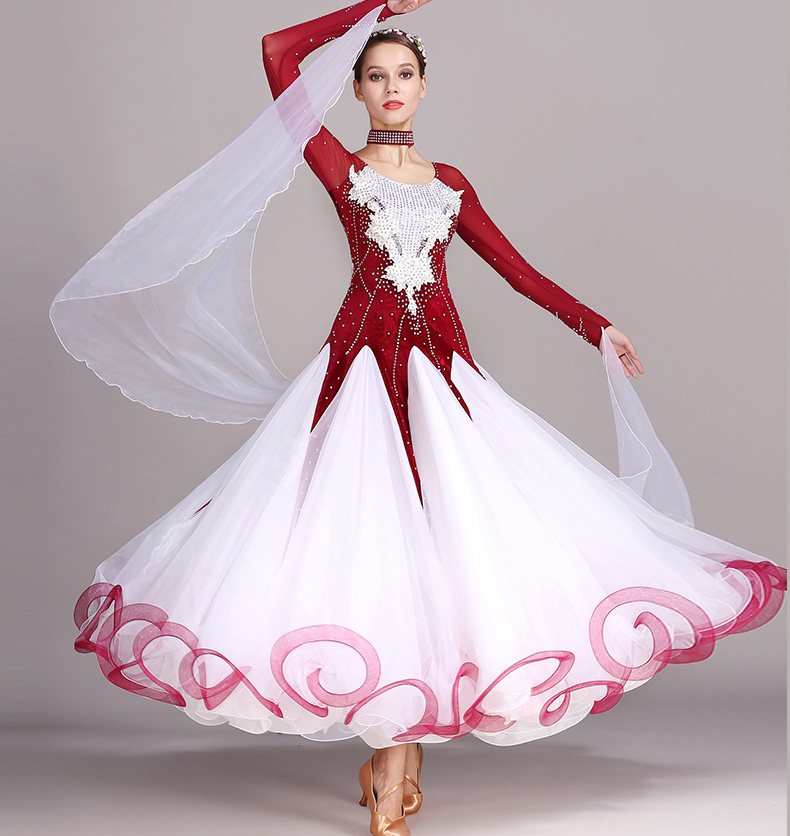 最新作　高級品レディース社交ダンス　ロングワンピース　発表会競技会素敵ドレス　サイズ選択可　赤色