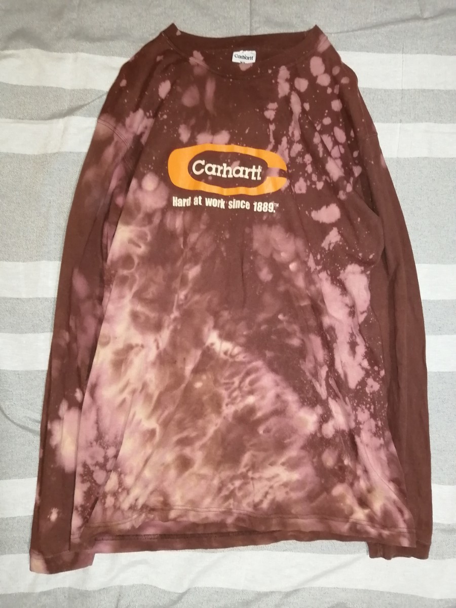 XLサイズ　Carhartt　ブリーチ加工ロングTシャツ　ローズブラウン系