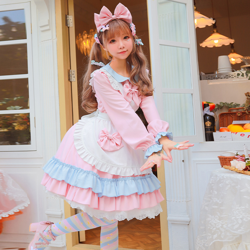 ロリータ ワンピース メイド服 エプロン 髪飾り セット コスプレ 衣装 メイド アリス風 ハロウィン フリル 長袖 半袖 レディース コス_画像4