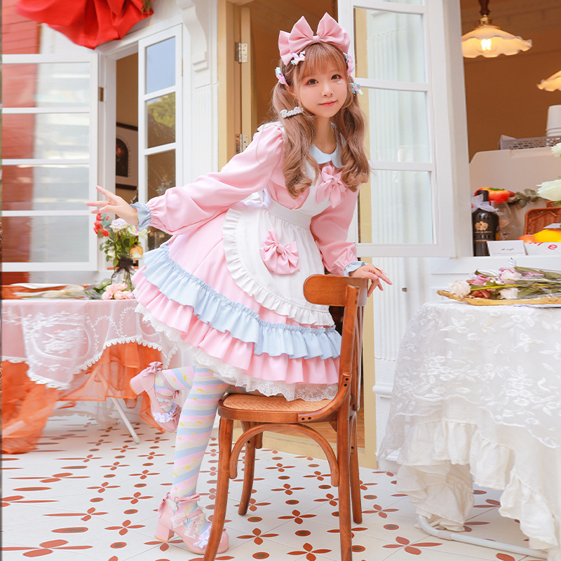 ロリータ ワンピース メイド服 エプロン 髪飾り セット コスプレ 衣装 メイド アリス風 ハロウィン フリル 長袖 半袖 レディース コス_画像2