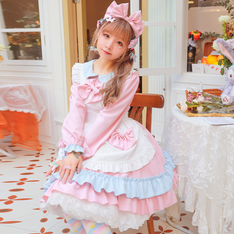 ロリータ ワンピース メイド服 エプロン 髪飾り セット コスプレ 衣装 メイド アリス風 ハロウィン フリル 長袖 半袖 レディース コス_画像3