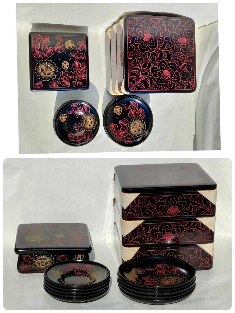 輪島塗 木製 漆器 漆芸 三段重 菓子箱 菓子皿5枚 お茶うけ皿5枚 豪華セット お家族の行事イベントに!!