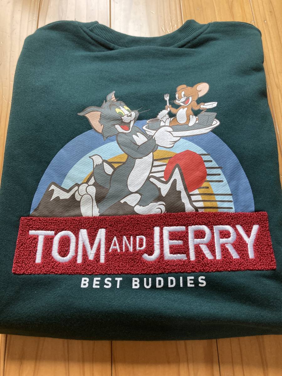 新品　送料無料♪TOM&JERRY トム&ジェリー　バックサガラ刺トレーナー　Mサイズ 濃緑　ポリエステル65％綿35％