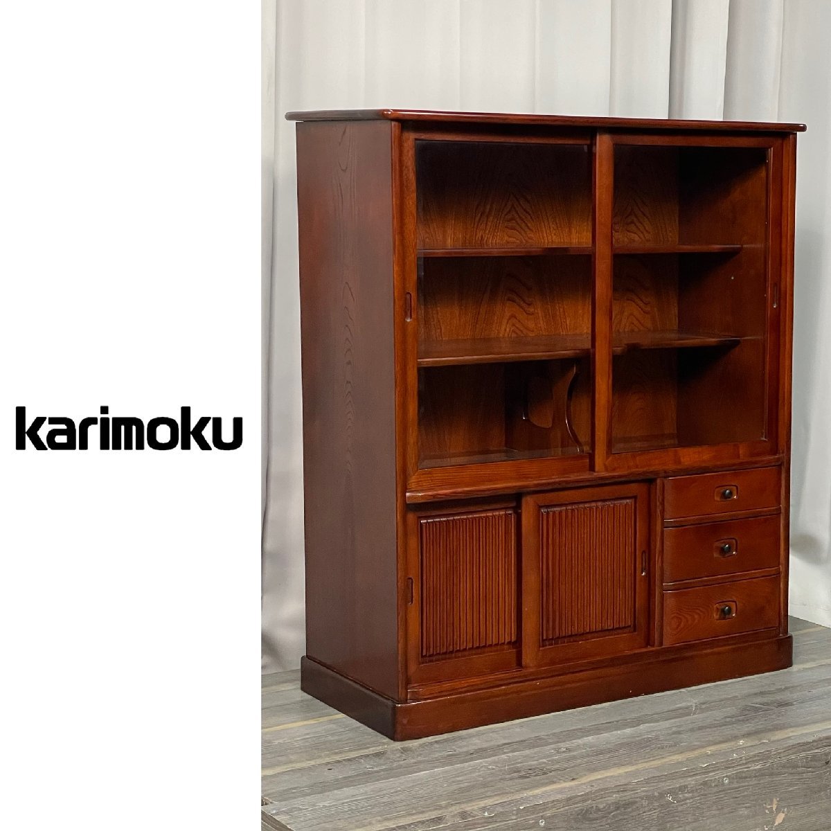 引き取り価格 カリモク karimoku 茶箪笥 無垢材 和家具 食器棚 茶棚-