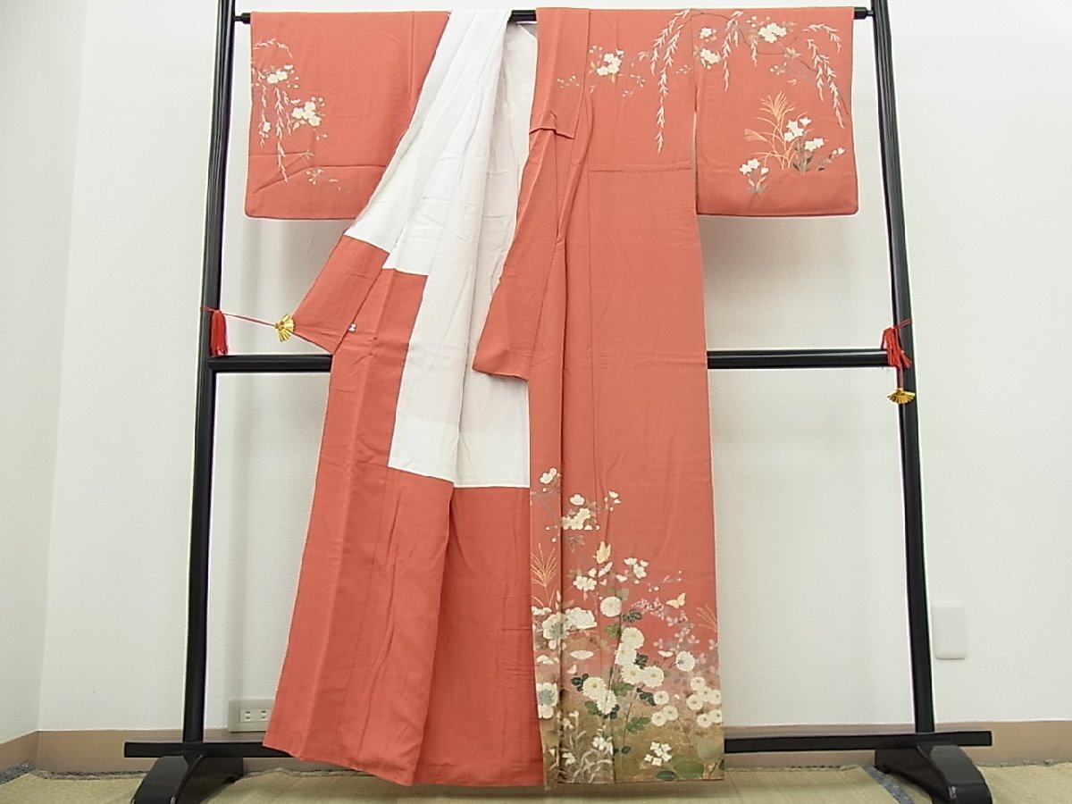極上の訪問着☆舞蝶桜花文様 暈し染め 金銀彩 金駒刺繍-