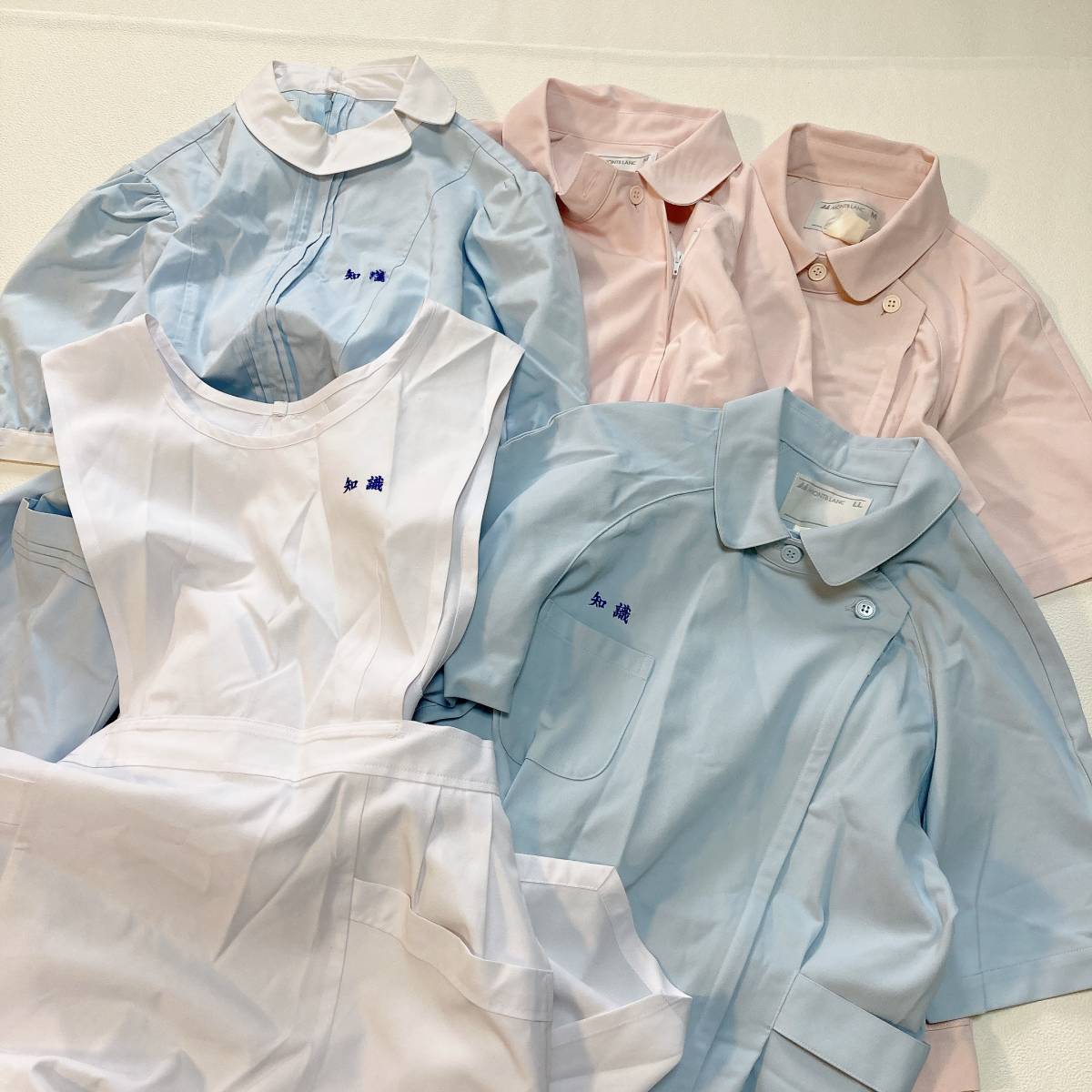 N5 ナース服 まとめ 5点セット ワンピース 上着 水色 白 ピンク 看護師 コスプレ ナース 制服 M L LLの画像1