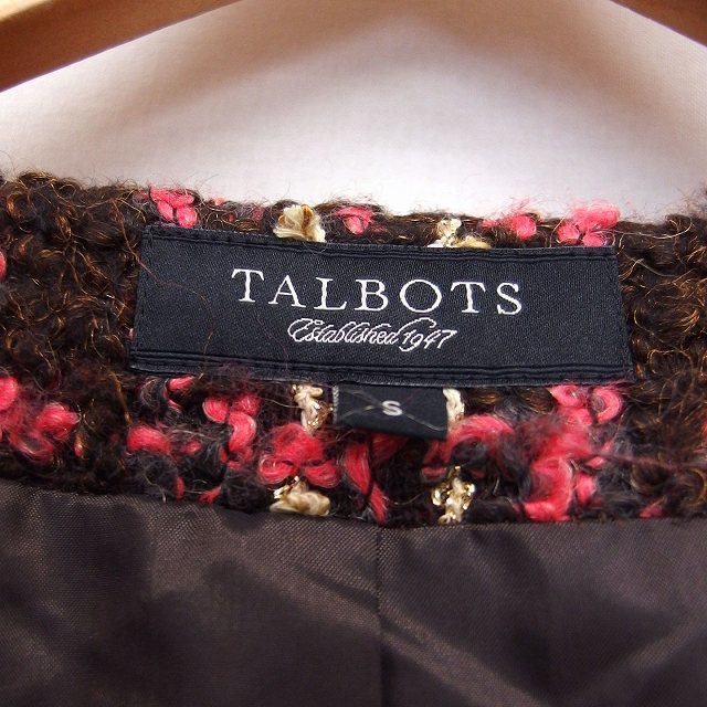 タルボット TALBOTS ノーカラー コート ミディ丈 ウール混 綿混 総柄 ラメ混 ビジュー装飾 S ピンク ブラウン 茶 /HT27 レディース_画像3