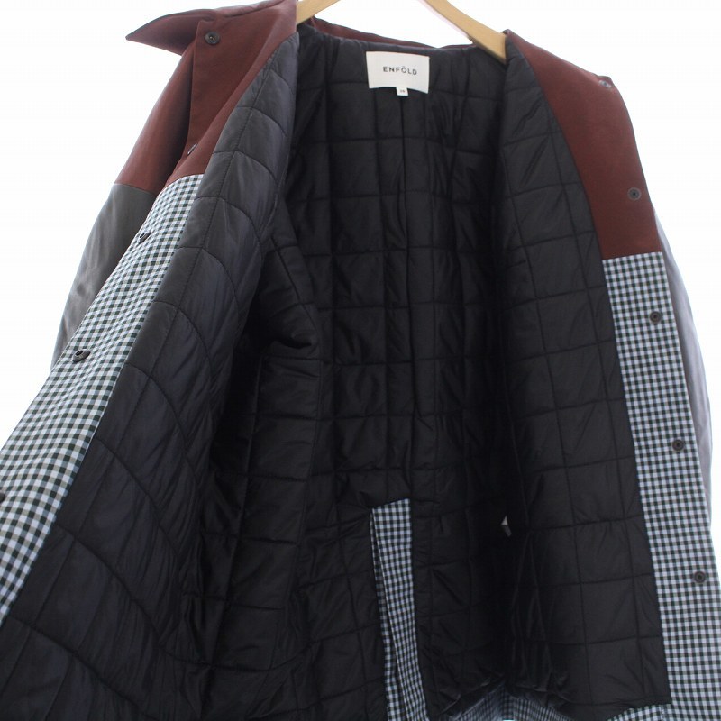エンフォルド ENFOLD 21AW Synthetic leather スリーブJACKET 中綿ジャケット アウター チェック 切替 38 M 茶 黒 ブラウン ブラック /KH_画像8