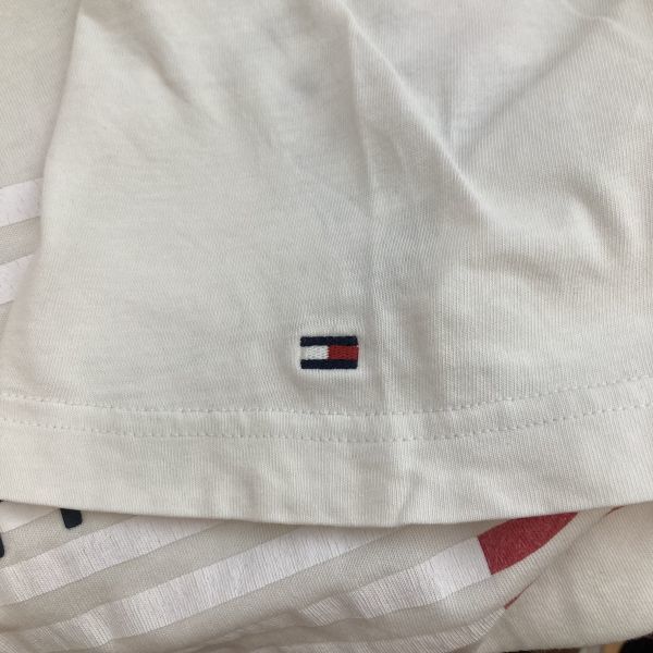 TOMMY HILFIGER トミーヒルフィガー 半袖 Tシャツ メンズ ホワイト 白色 ワンポイント 刺繍 ロゴマーク ボーダー Sサイズ コットン100