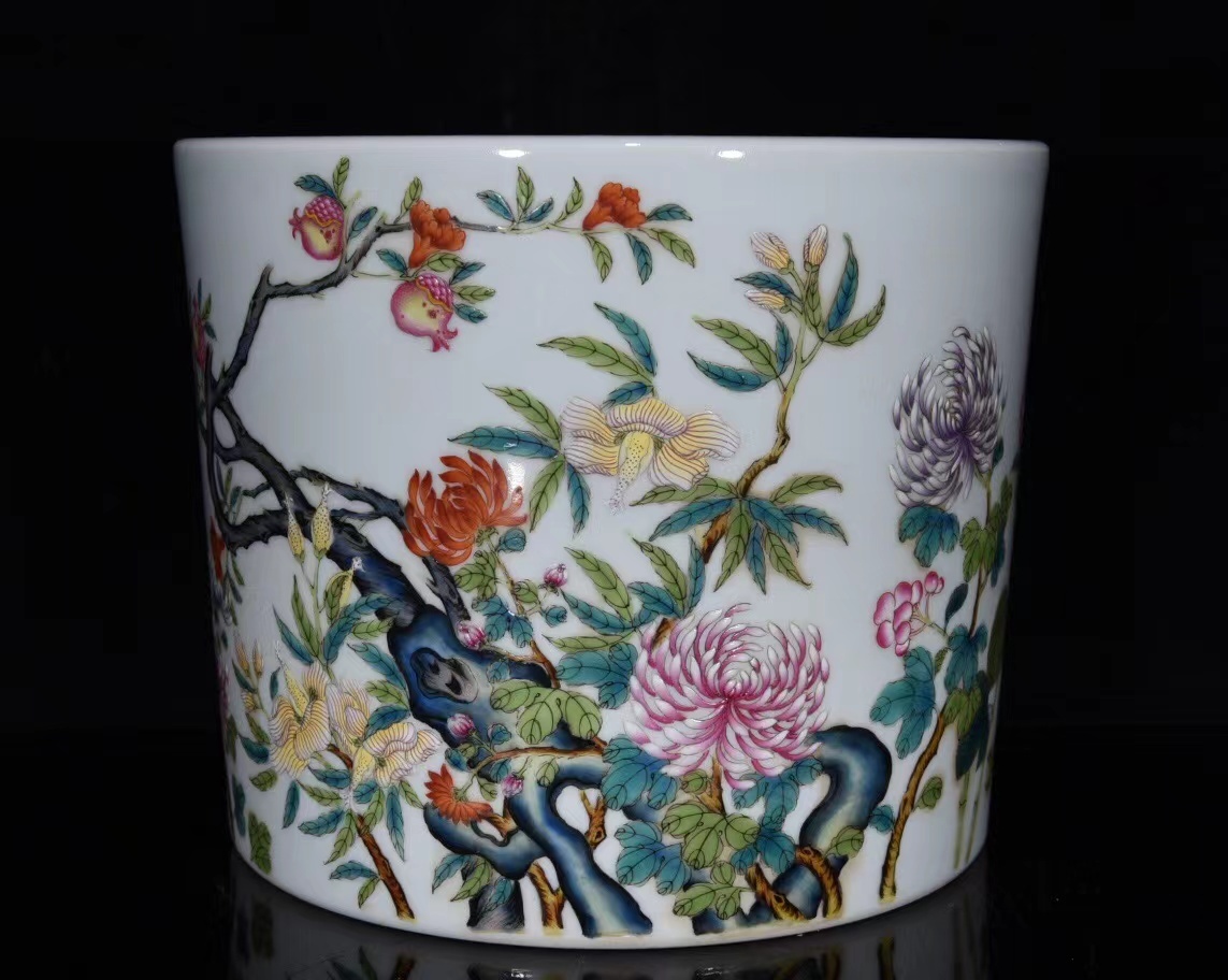 ◆旧蔵◆古美術 中国古玩 大清雍正年製款 粉彩 牡丹花卉紋筆筒　時代物　T08