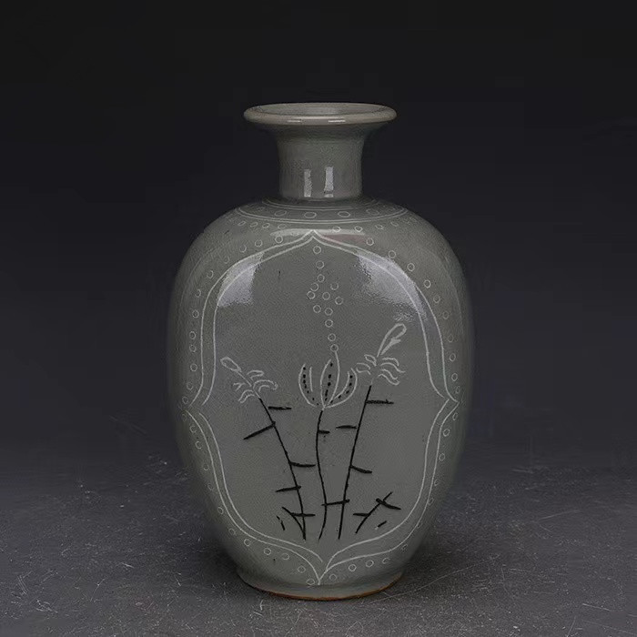 ◆旧蔵◆古美術 韓国 高麗青磁 花草紋扁瓶 時代物 T15