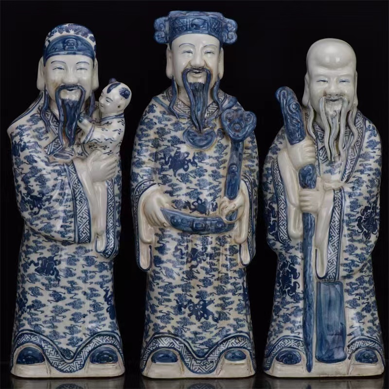 ◇旧蔵◇古美術中国古玩大清青花福禄壽三星雕像時代物A35 ...