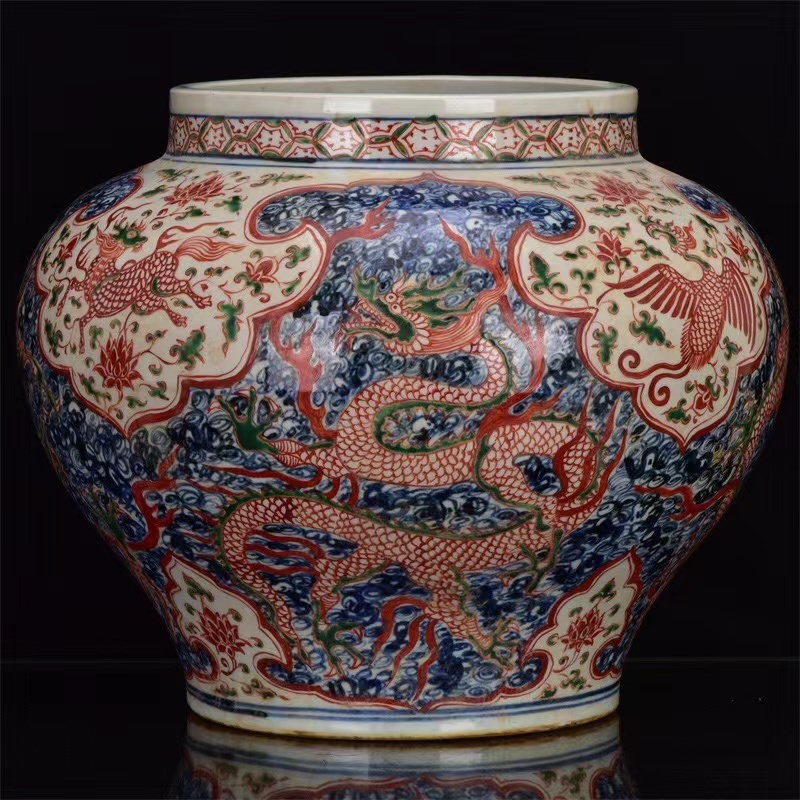 ◆旧蔵◆古美術 中国古玩　元代　青花釉里龍鳳紋大罐　時代物　A35