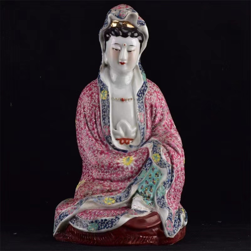 ◇旧蔵◇古美術 中国古玩 民國時期 粉彩 描金 観音菩薩 仏坐像 時代物 A35-