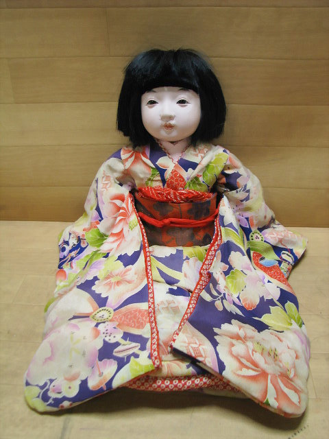 37. 古い 市松人形 日本人形 明光作 女の子 全長約40㎝ 縮緬 着物 昭和