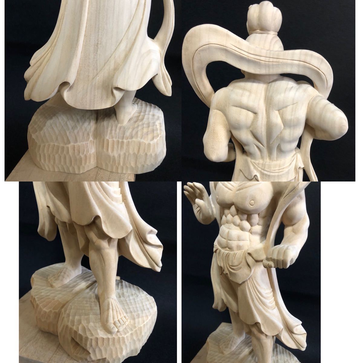 香樟材 井波彫刻 一刀彫り仁王立ち 金剛力士像一式 台座付き高51cm