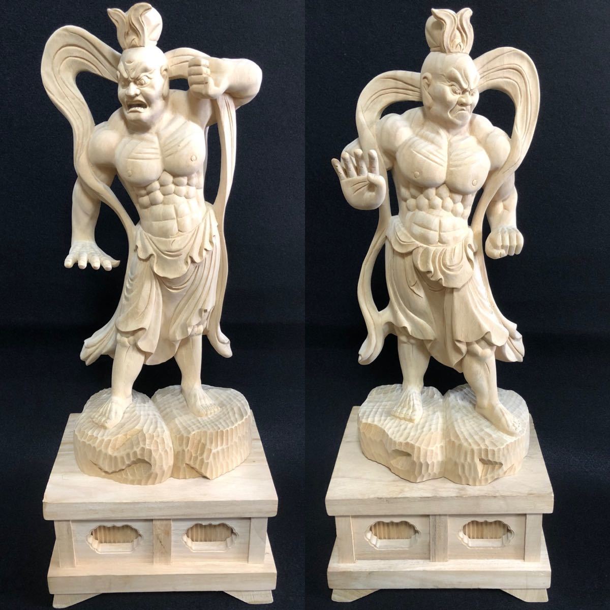 香樟材 井波彫刻 一刀彫り仁王立ち 金剛力士像一式 台座付き高51cm