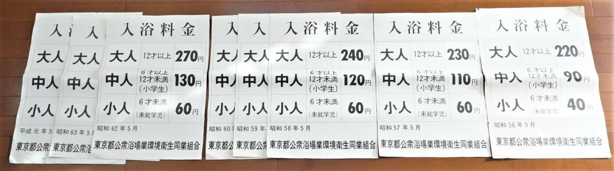 入浴料金張り紙 東京都公衆浴場業環境衛生同業組合発行 昭和56年～平成元年 昭61年欠 8枚 検:銭湯 お風呂屋 物価指数 料金告知ポスター