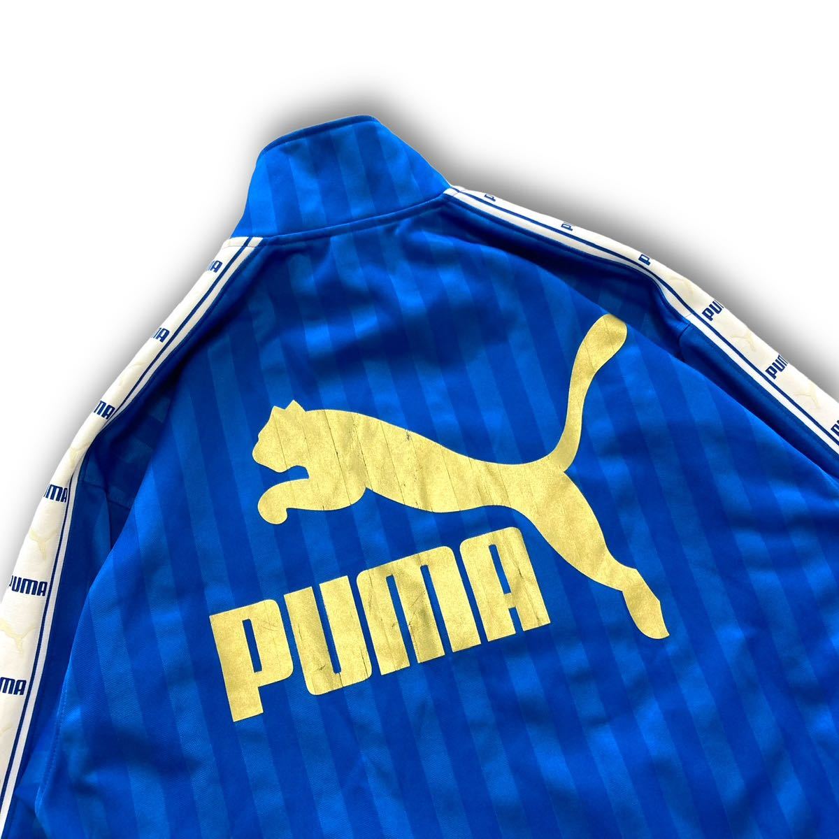 【PUMA】90s プーマ ヒットユニオン ジャージ トラックジャケット 古着 金青 らくらく90年代 ヴィンテージ ビッグロゴ 刺繍ロゴ 袖ライン