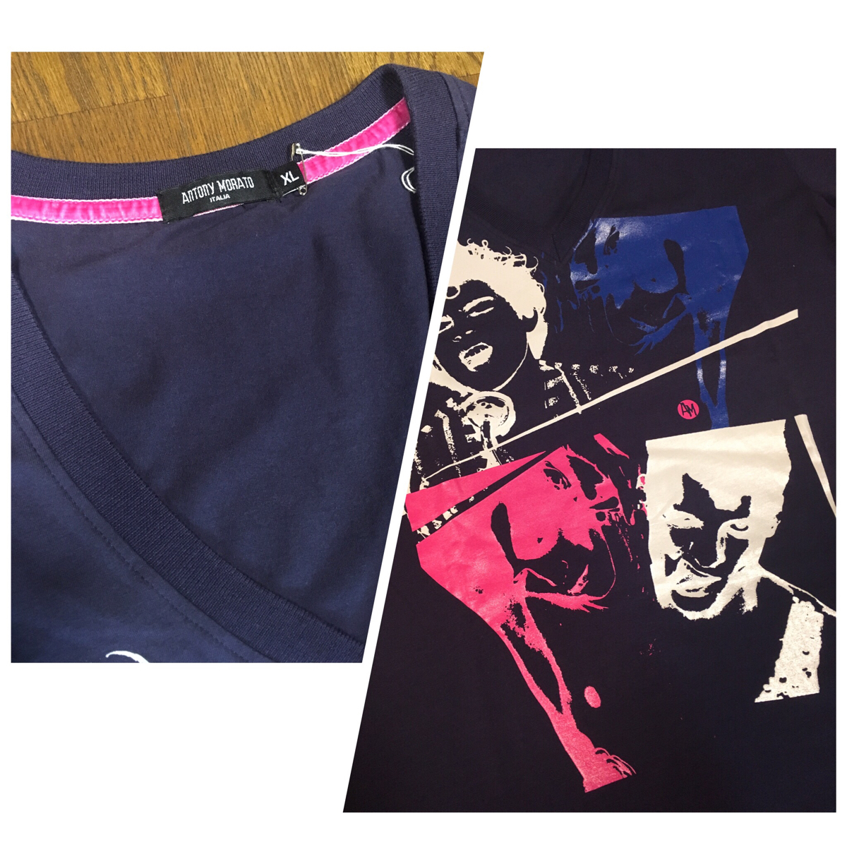 8.5@ 未使用【ANTONY MORATO】プリント ストレッチコットン VネックTEE Navy SIZE:XL/L相当_画像3