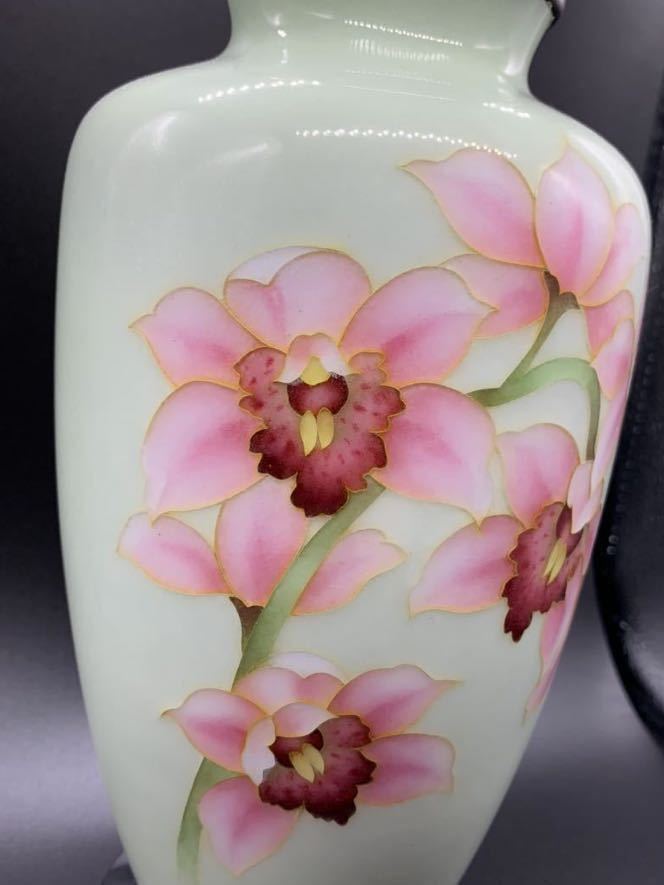 美品】七宝焼 胡蝶蘭花 カトレア 花器花生花入置き物 ピンク 薄青 薄緑