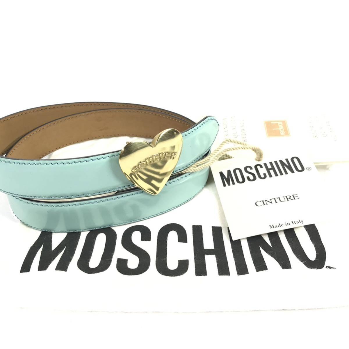 未使用品【モスキーノ】本物 MOSCHINO ベルト ハートバックル 全長84cm 幅2.5cm 水色系 本革 レザー 女性用 レディース 伊製 送料520円_画像1