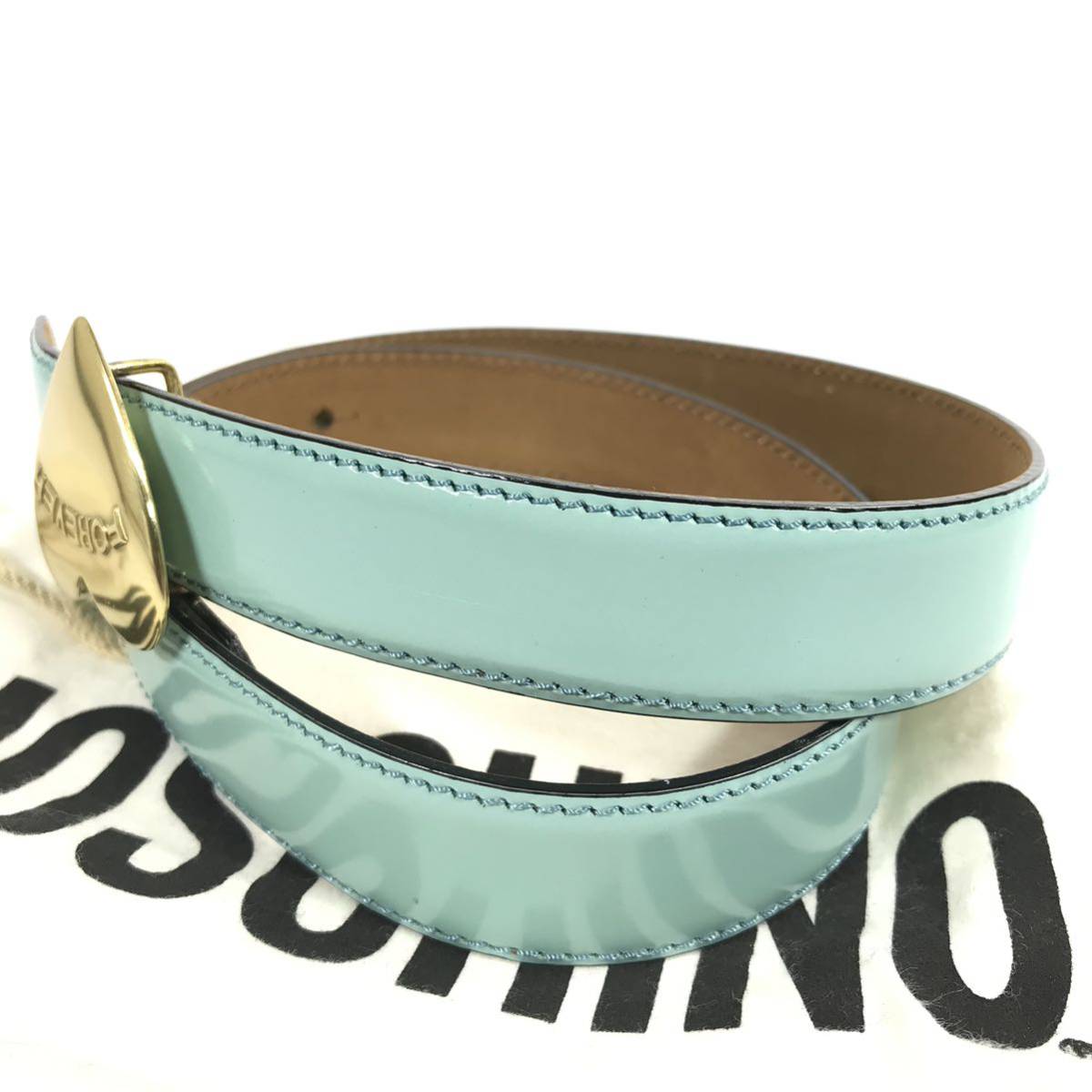  unused goods [ Moschino ] genuine article MOSCHINO belt Heart buckle total length 84cm width 2.5cm light blue series original leather for women lady's made in Italy postage 520 jpy 