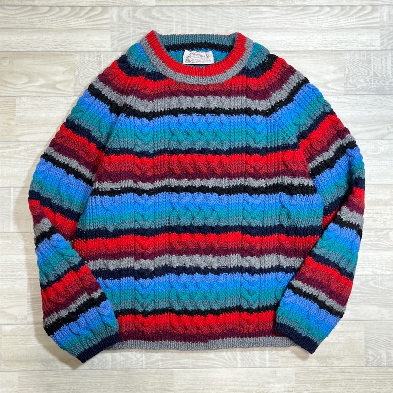 【★超目玉】 INVERALLAN/インバーアラン/茶タグ/マルチカラー/フィッシャーマン/クルーネック/ハンドニットセーター/ボーダー/英国製 男性用 【★超目玉】 INVERALLAN/インバーアラン/茶タグ/マルチカラー/フィッシャーマン/クルーネック/ハンドニットセーター/ボーダー/英国製 男性用
