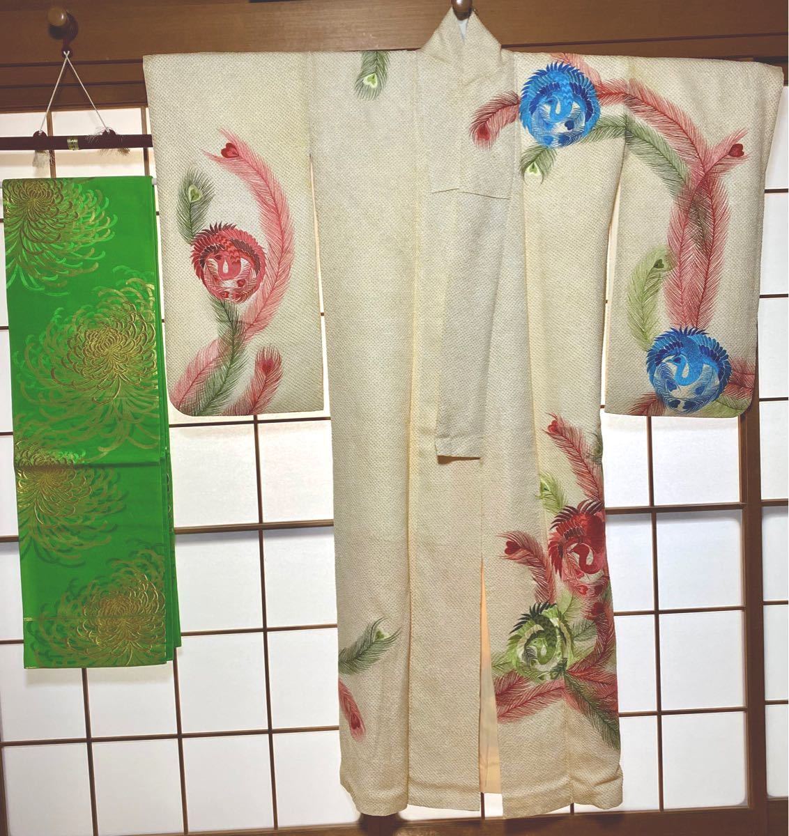 昭和レトロ 鳳凰 着物正絹 総絞り 長襦袢 六通袋帯 3点セット