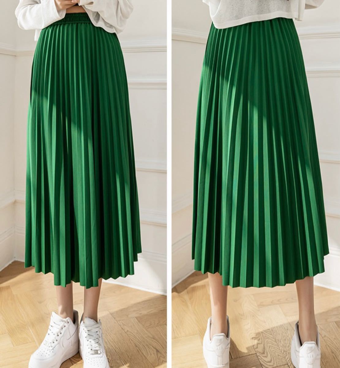 美品♡ドゥロワー プリーツニットスカート ロング グリーン ウエストゴム フレア ロングスカート プリーツスカート フレアスカート ウエストゴム