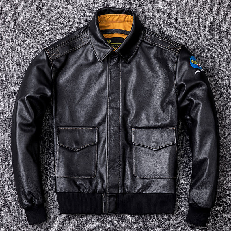 フライトジャケット レザージャケット カウハイド 牛革 ライダースジャケット 本革 革ジャン G-1 ス A-2 S～4XL 黒 袖に柄がある