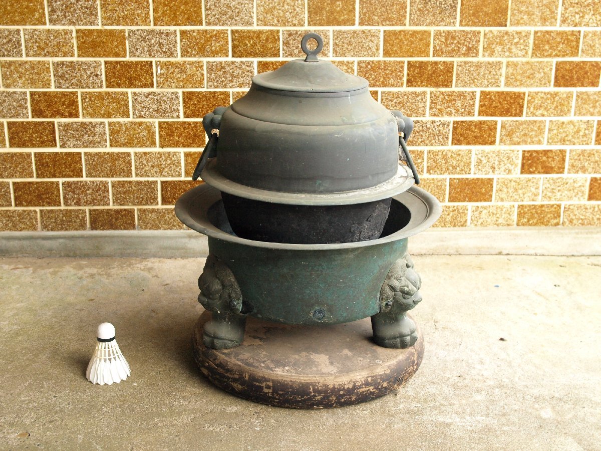 国内即発送】 鉄製五徳 特大銅釜 大型銅製火鉢40cm 大正期 明治 茶道