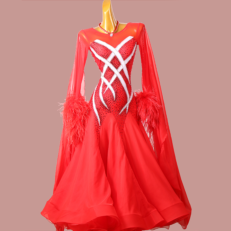 レディース社交ダンスドレス ダンス衣装 高級ドレス サイズセミオーダー 競技モダンワンピース ライトストーン飾り 赤色 ファー付