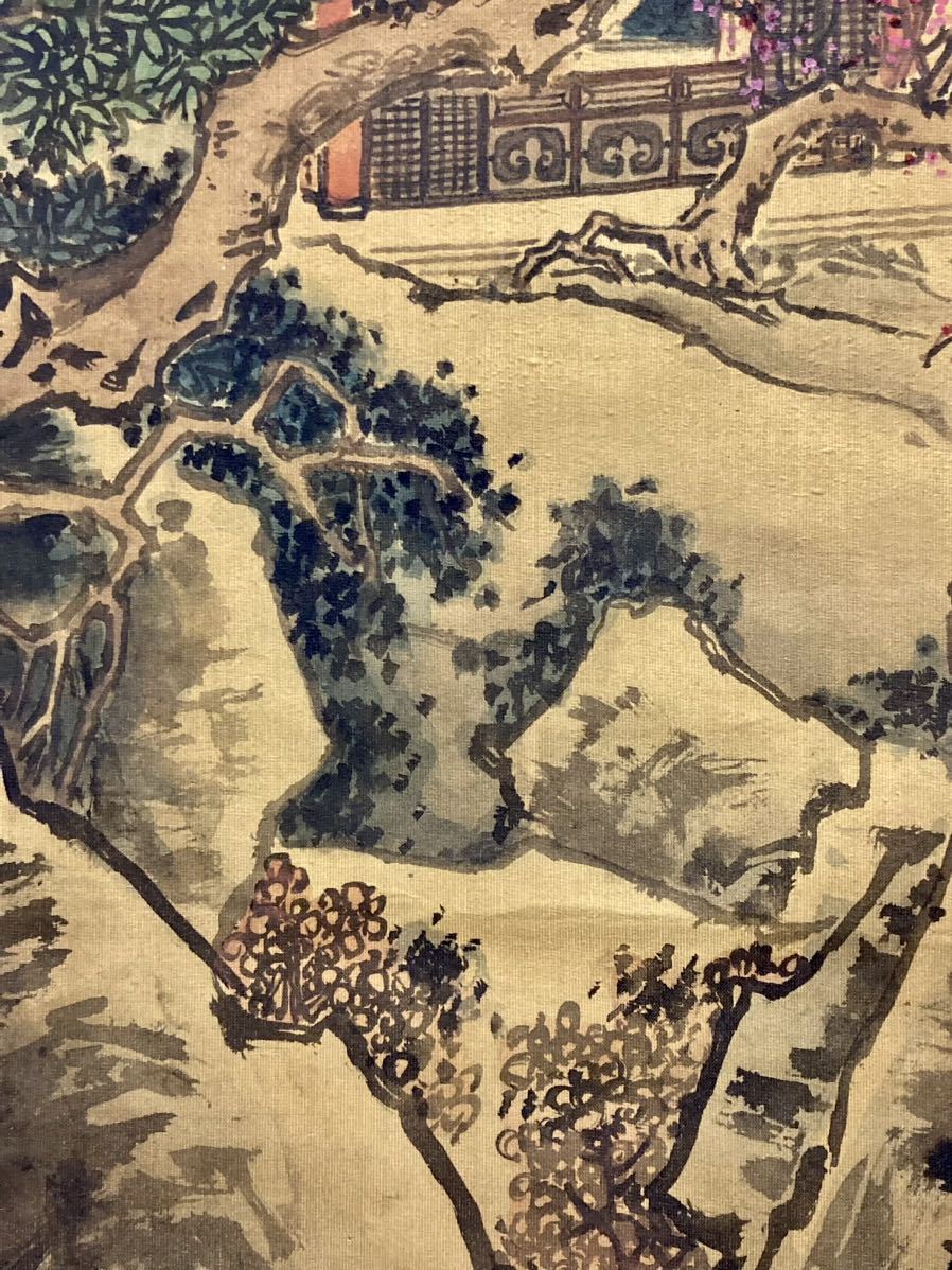 唐画　模写　渓亭迎友図？ 楼閣山水図? 梅花幽居図? 踏雪坊賢図? 掛軸 骨董 美術 置物 中身サイズ107.5-40.5cm 全体サイズ168-49.3cm_画像10