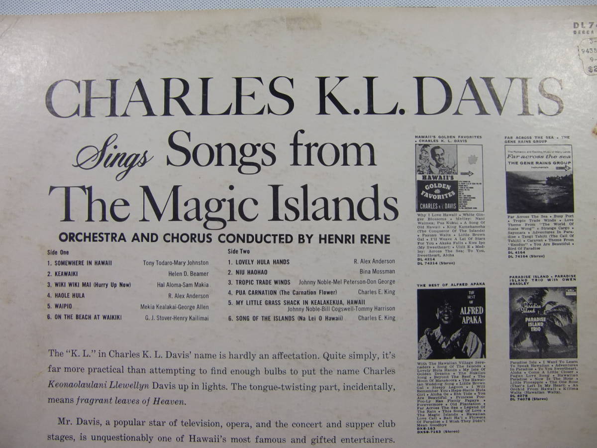 【 ハワイ HAWAII 】CHARLES K.L. DAVIS チャールズ・K・L・デイビス / Sings Songs From The Magic Islands_画像3