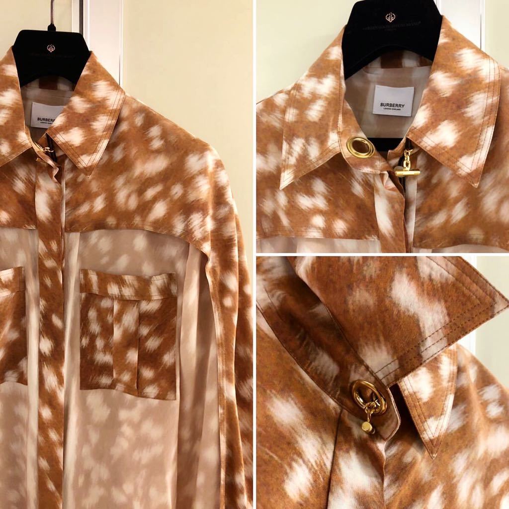 BURBERRY】シルク鹿柄プリント カットアウト デザイン シャツ ブラウス-