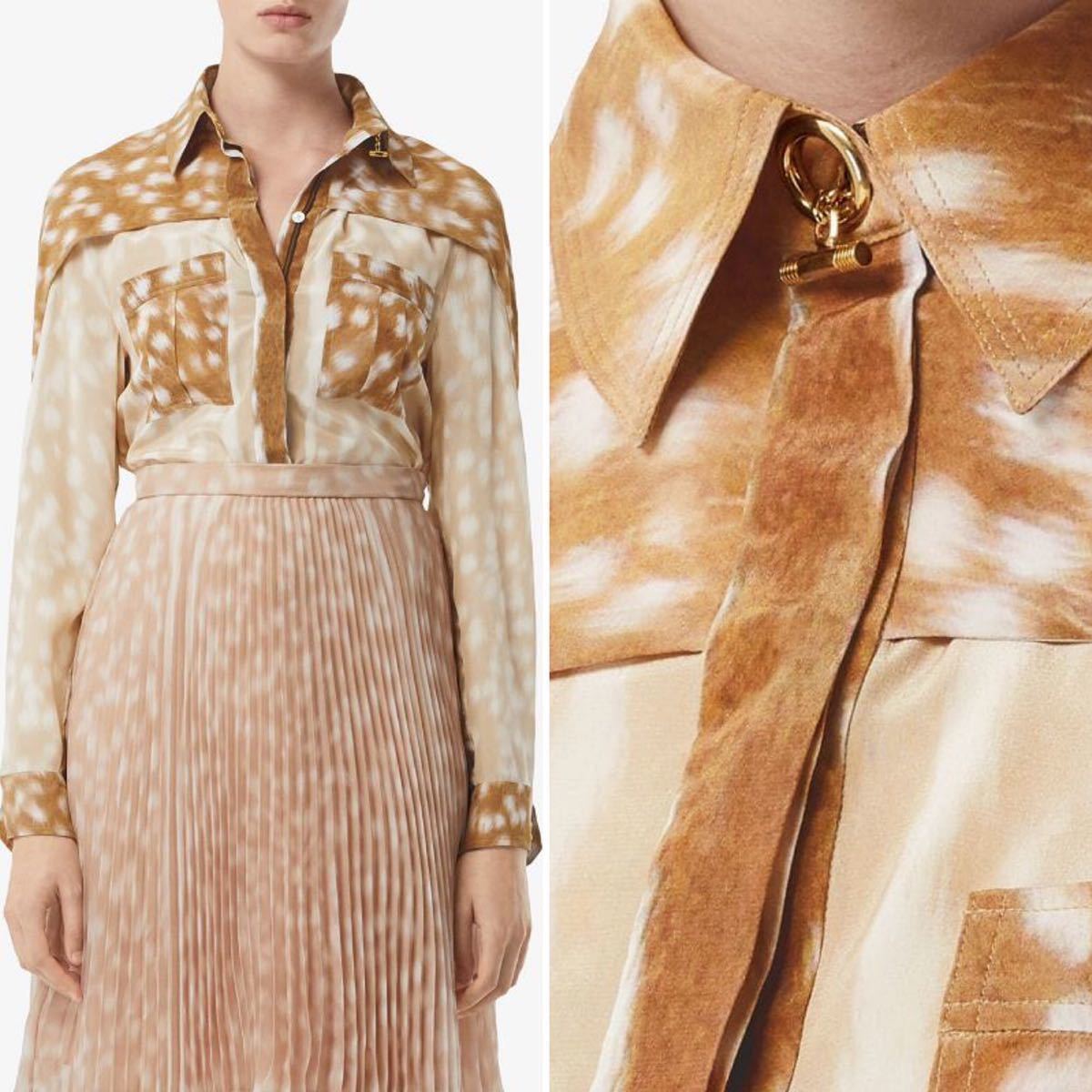 BURBERRY】シルク鹿柄プリント カットアウト デザイン シャツ ブラウス-