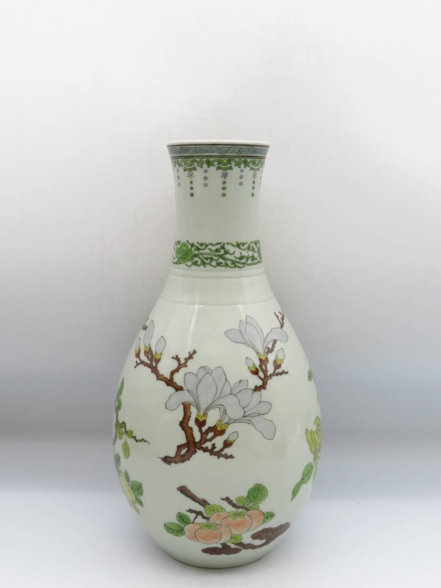 K1743 清風 造 色絵 花瓶 着彩 在銘 刻印 花入 花立 花生 花器 陶磁器 古美術 時代物 華道具 茶道具 鉄瓶の画像2