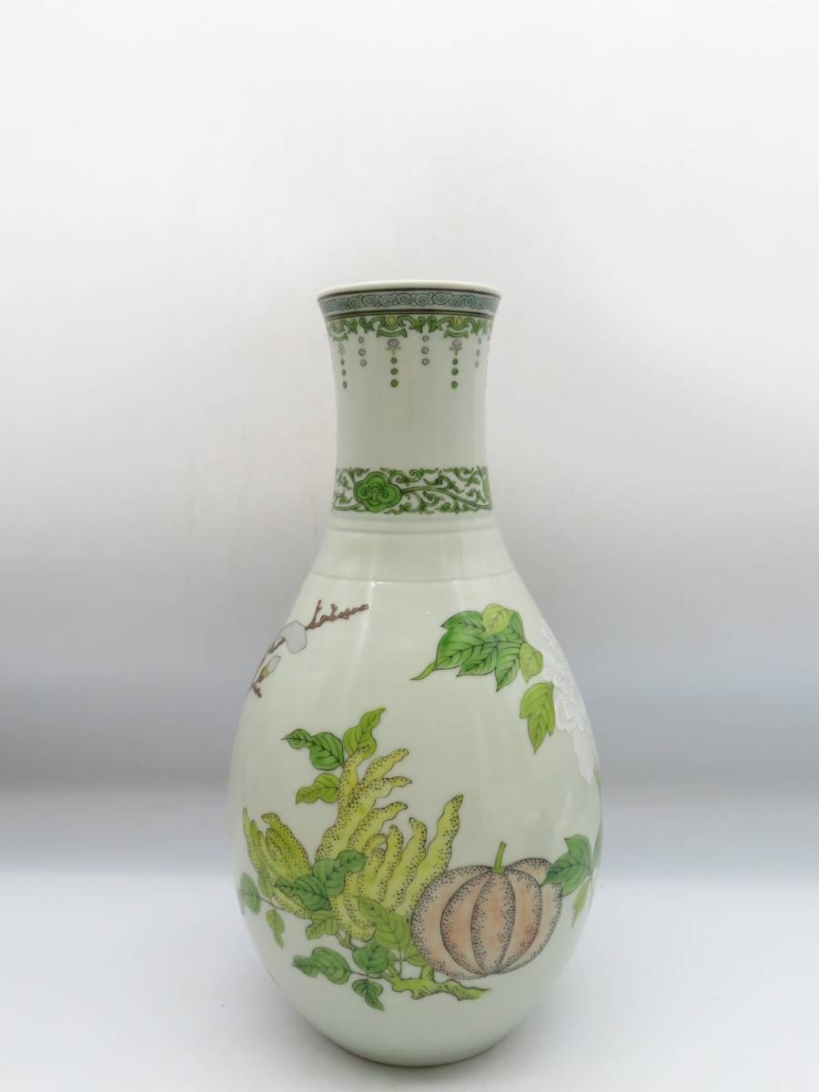 K1743 清風 造 色絵 花瓶 着彩 在銘 刻印 花入 花立 花生 花器 陶磁器 古美術 時代物 華道具 茶道具 鉄瓶の画像5