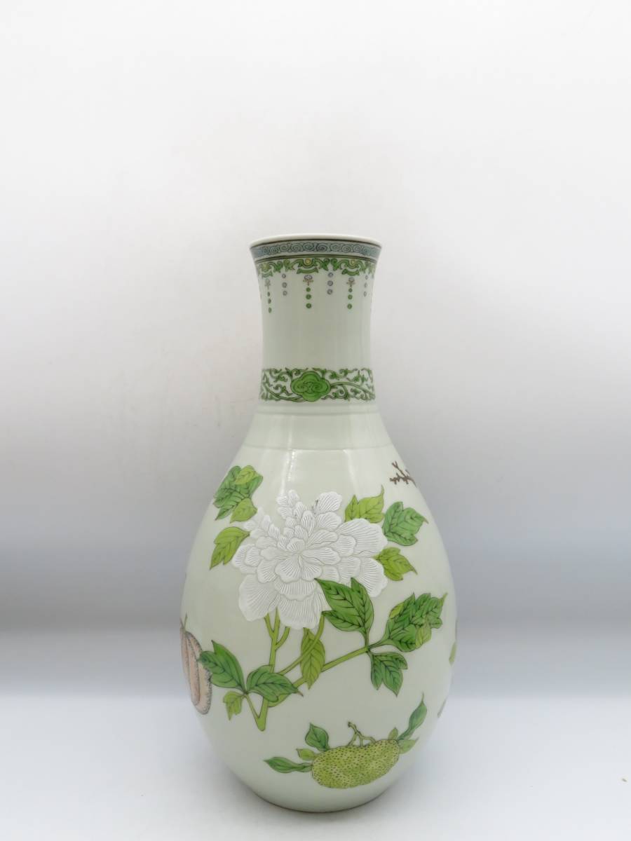 K1743 清風 造 色絵 花瓶 着彩 在銘 刻印 花入 花立 花生 花器 陶磁器 古美術 時代物 華道具 茶道具 鉄瓶の画像4
