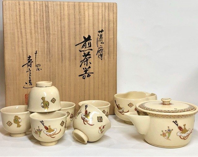 本格派ま！ 薩摩焼 E1022-1 共箱 茶道具 宝瓶 湯冷 共箱 煎茶碗 十四代