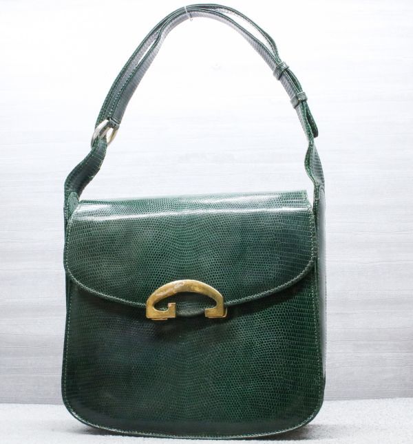 ヤフオク! - オールド グッチ リザード ショルダーバッグ ダークグリー...