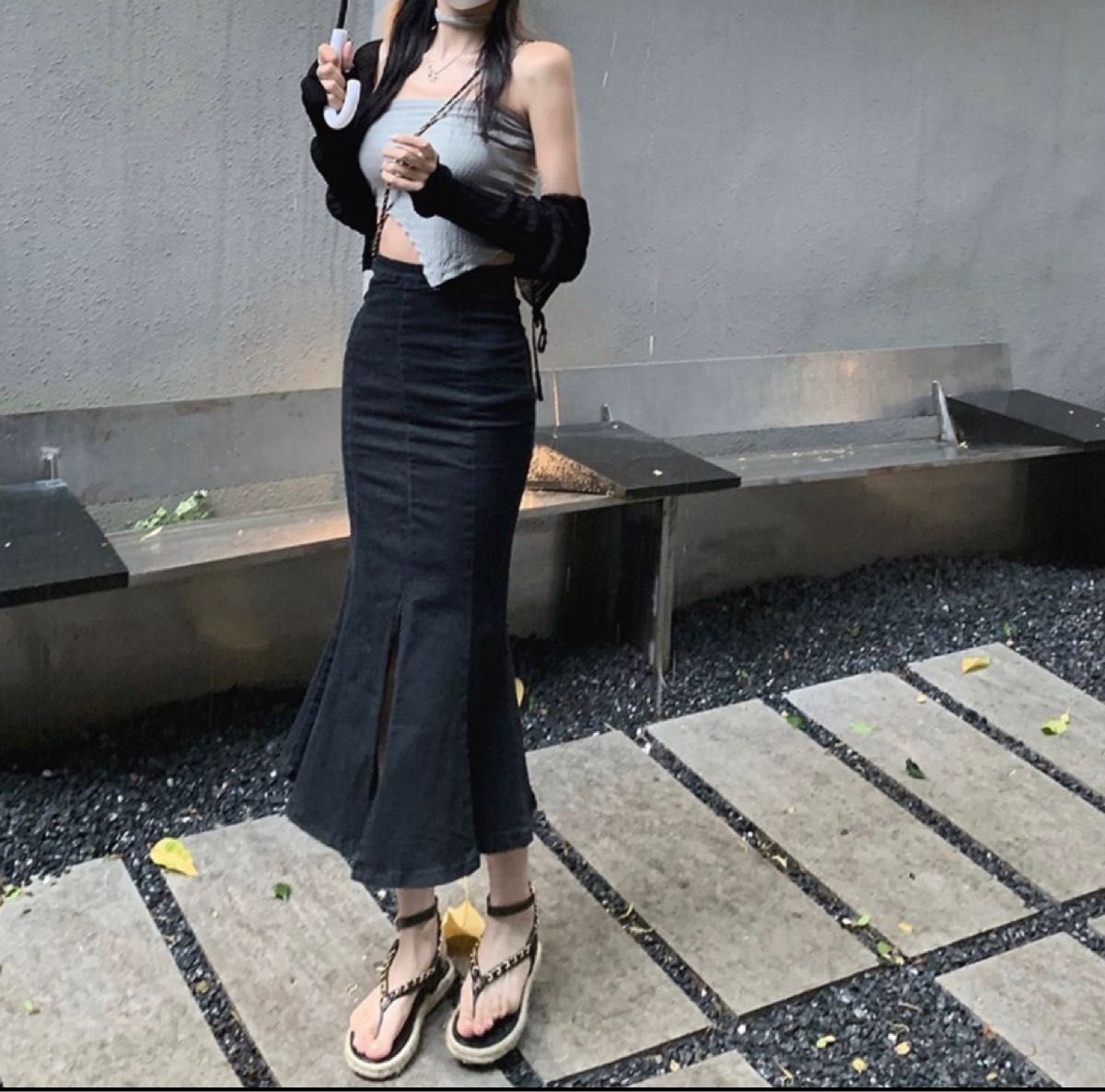 新作　ロングスカート　ワンピース　黒　美脚　韓国　ドレス　スリット