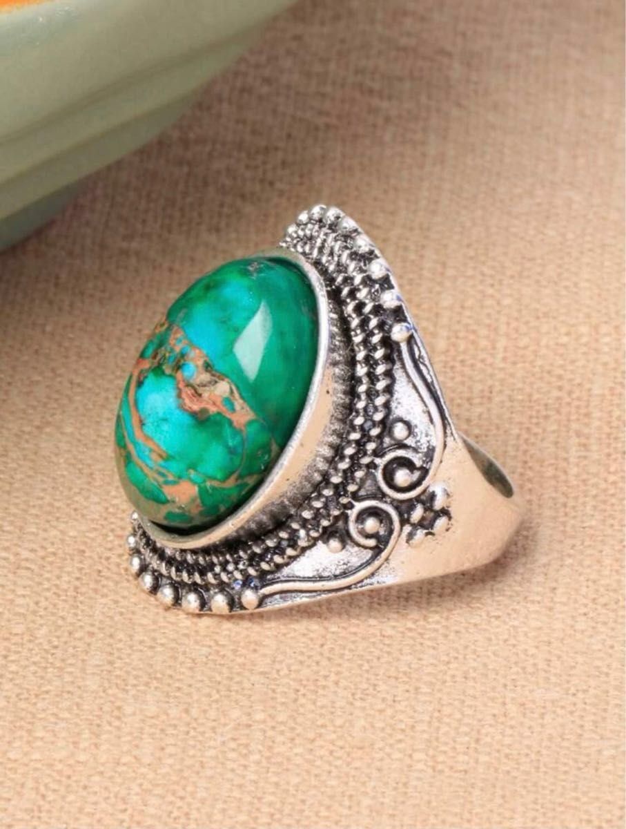 ヴィンテージ天然石指輪 男女兼用緑石リング メンズストーン指輪 アンティーク インディアンジュエリー