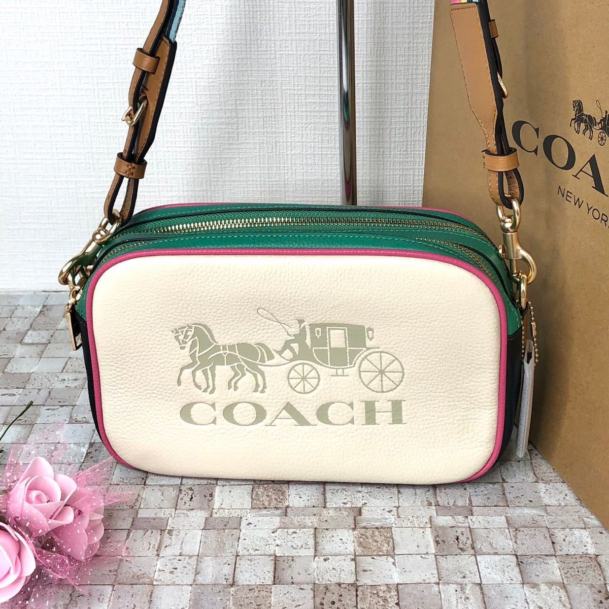 新品・未使用 COACH ショルダーバッグ 馬車ロゴ(大) ホワイト×グリーン