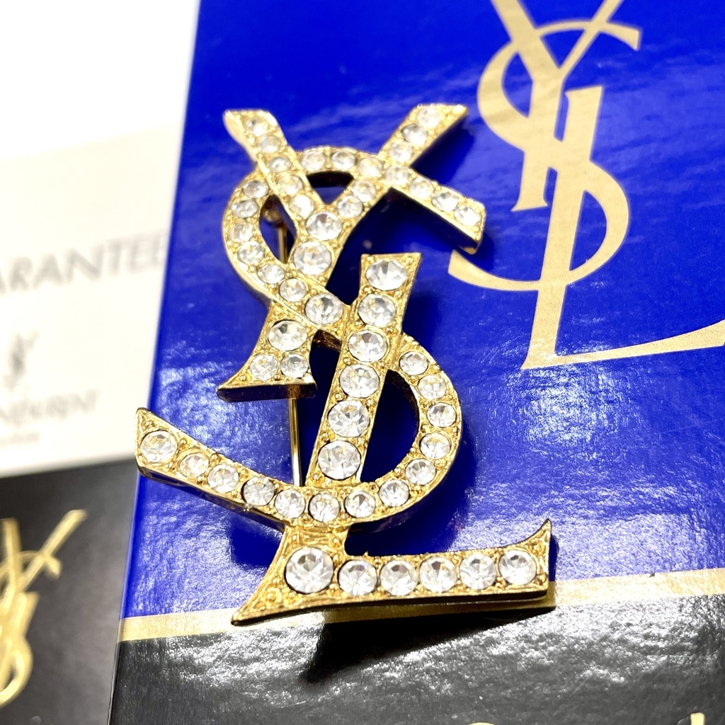 YSL YVES SAINT LAURENT イブサンローラン ラインストーン ブローチ ゴールド 箱付き