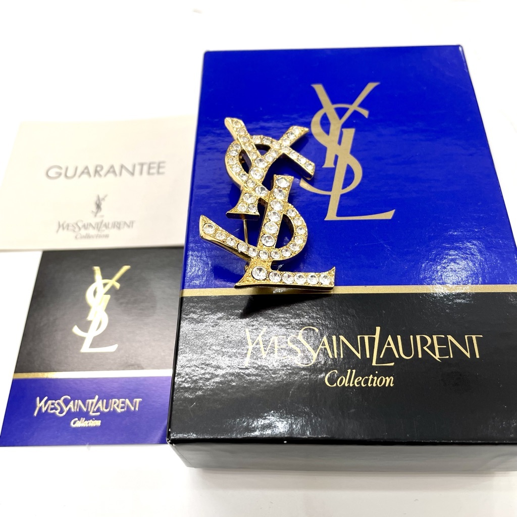 YSL YVES SAINT LAURENT イブサンローラン ラインストーン ブローチ ゴールド 箱付き